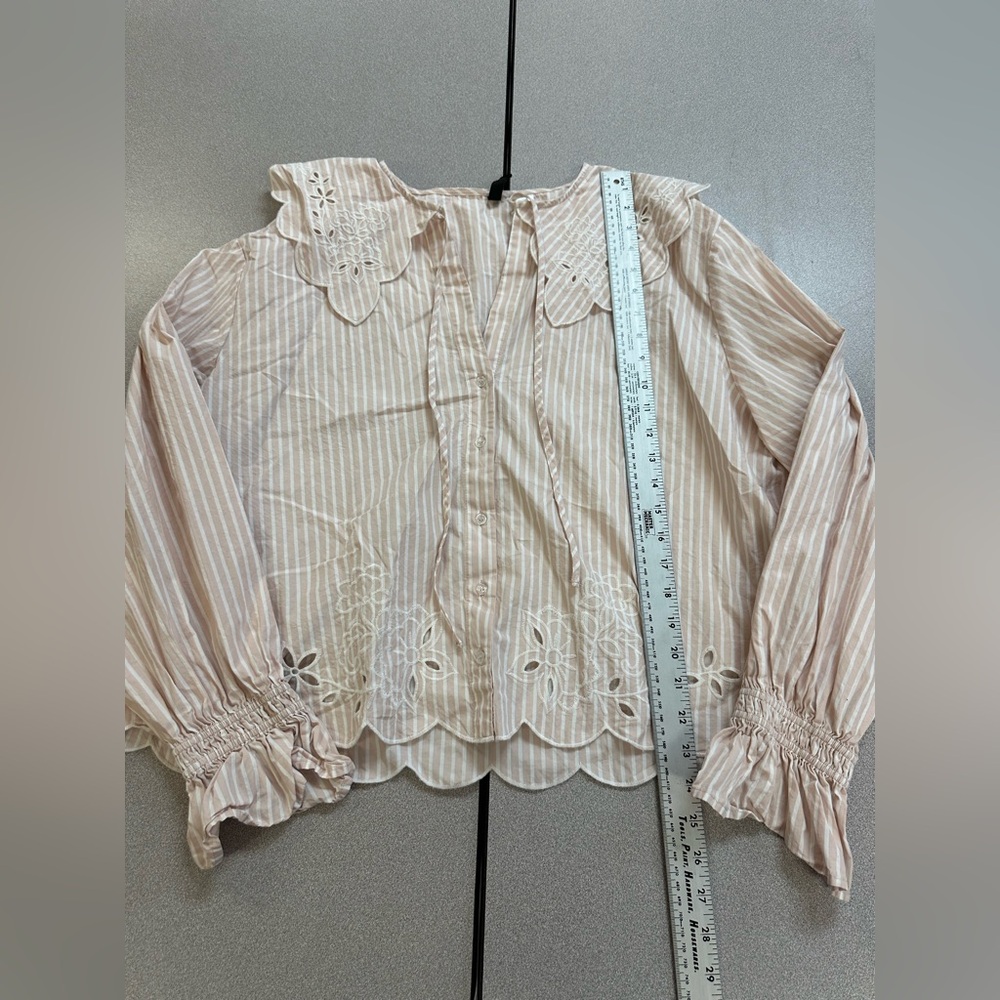 H&M Light Pink Striped Blouse with Floral Embroidery